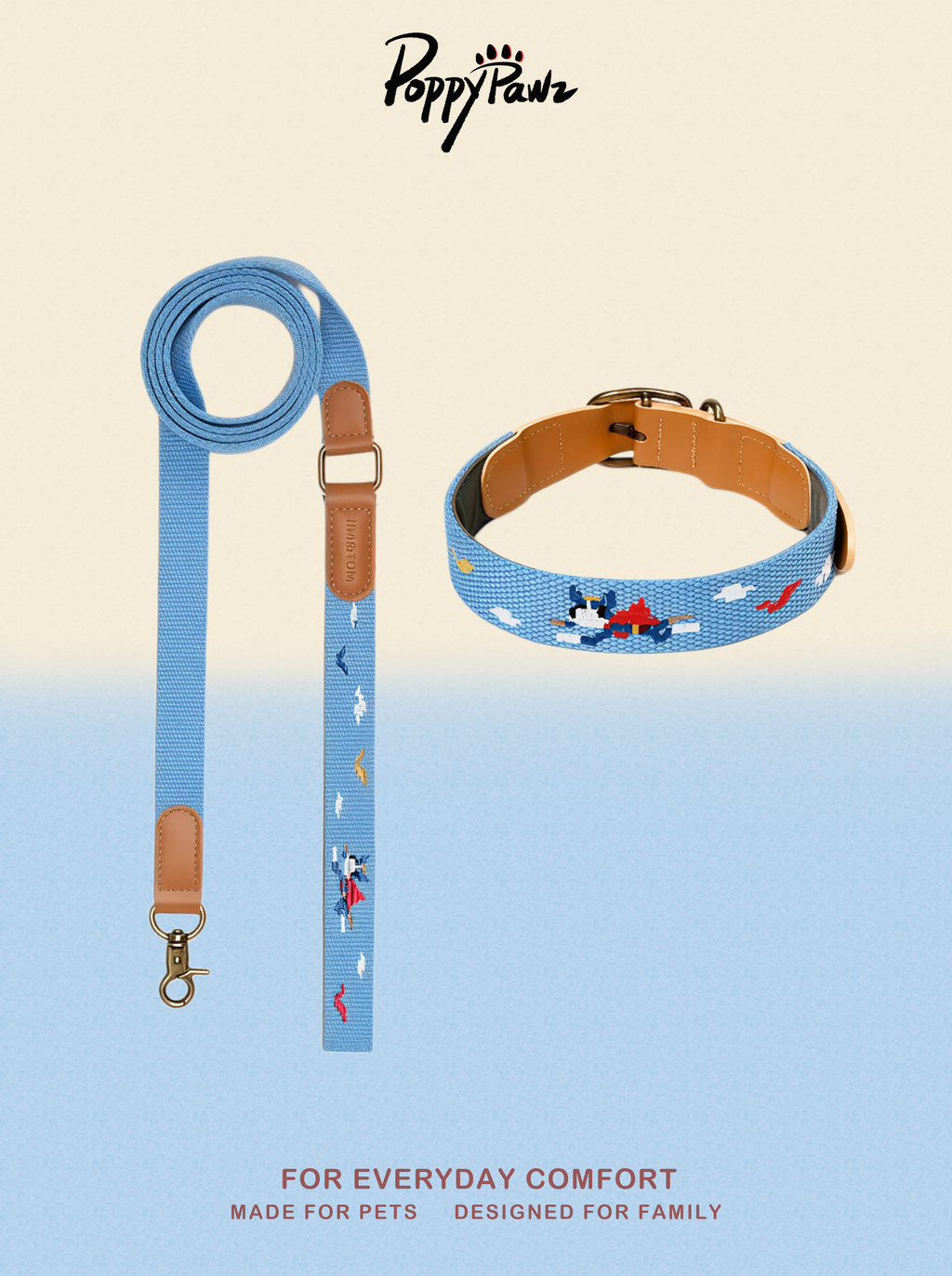 Embroidered Leather Dog Collar and Lead Set