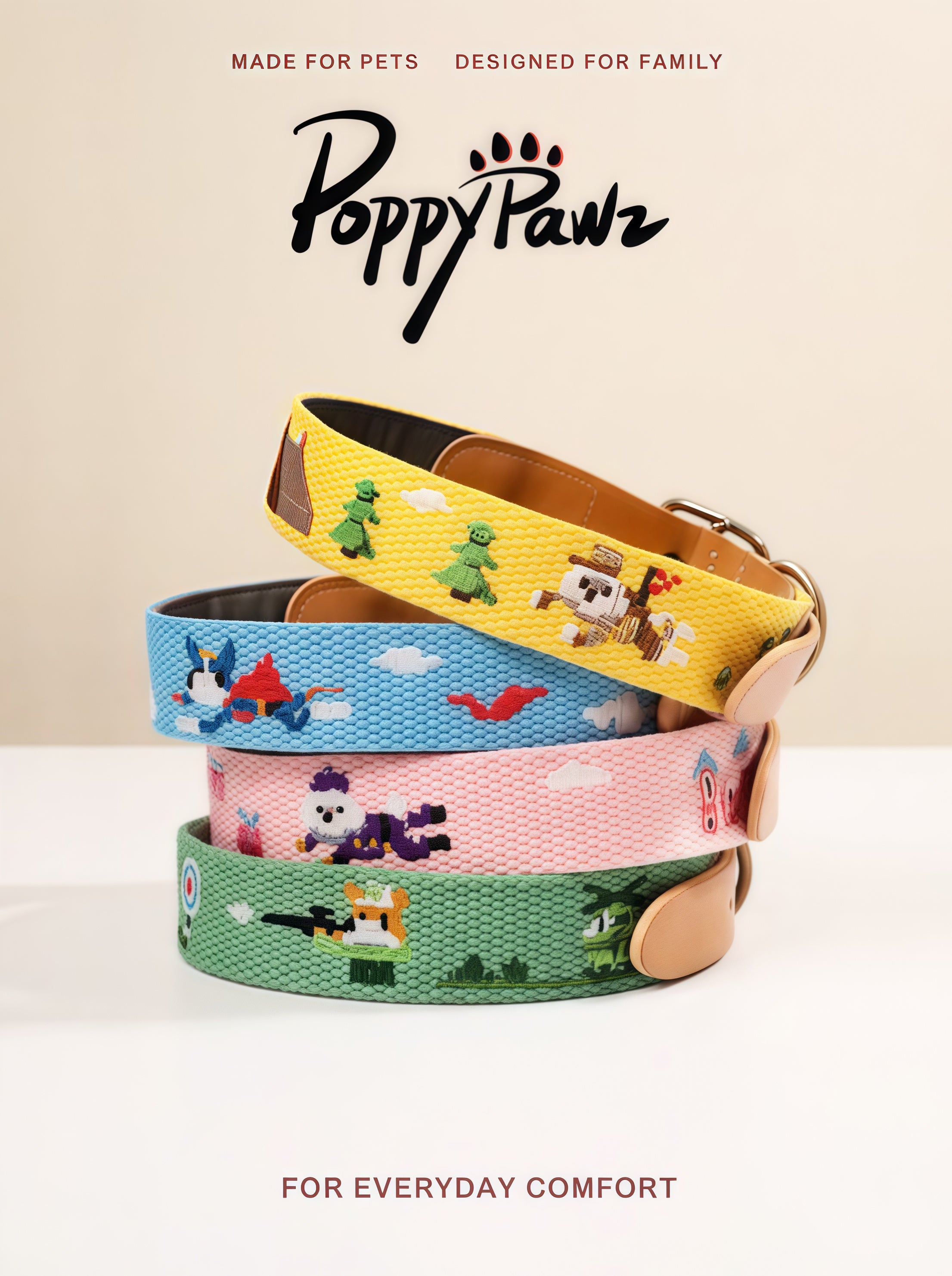 Embroidered Leather Dog Collar and Lead Set with ID Tag