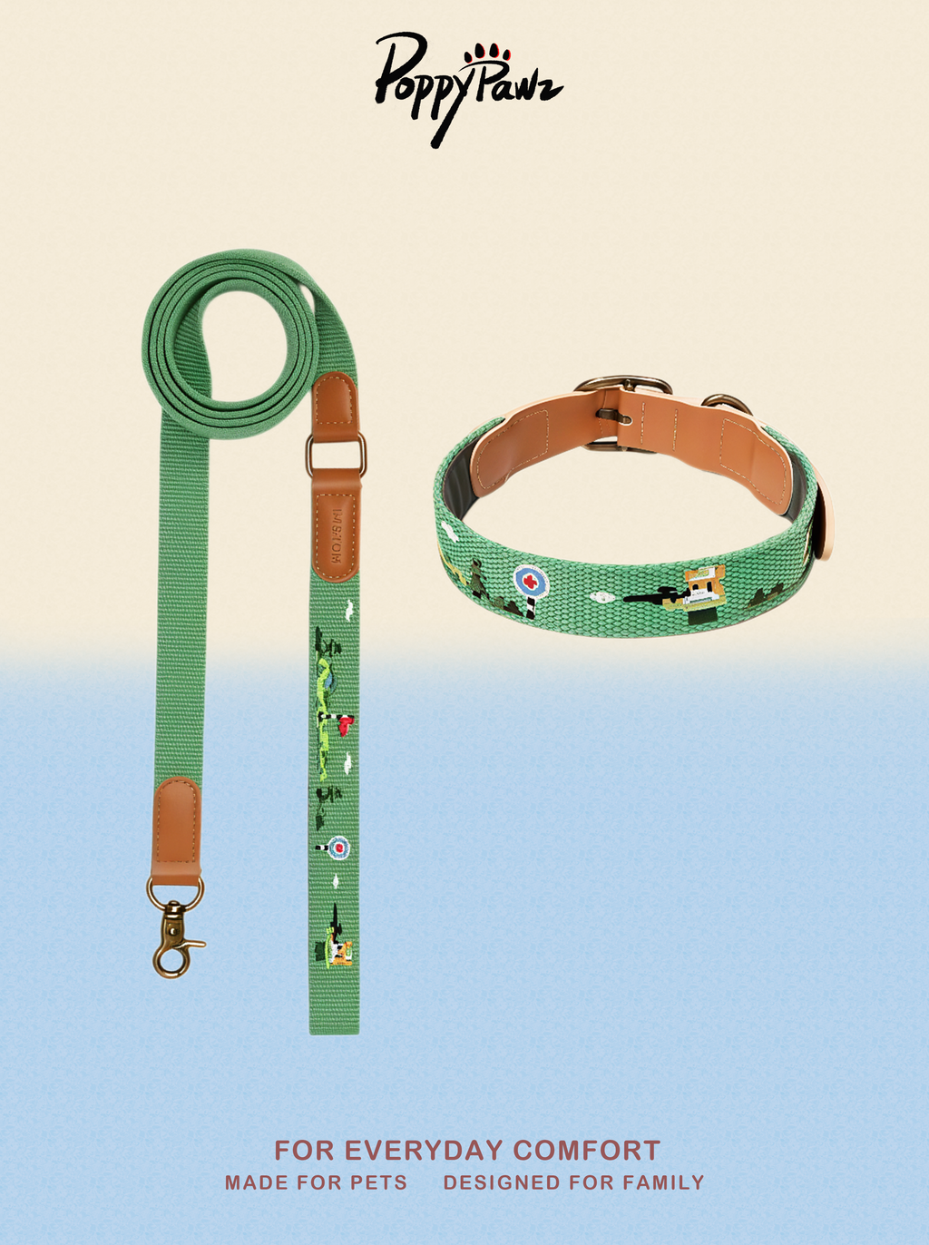 Embroidered Leather Dog Collar and Lead Set
