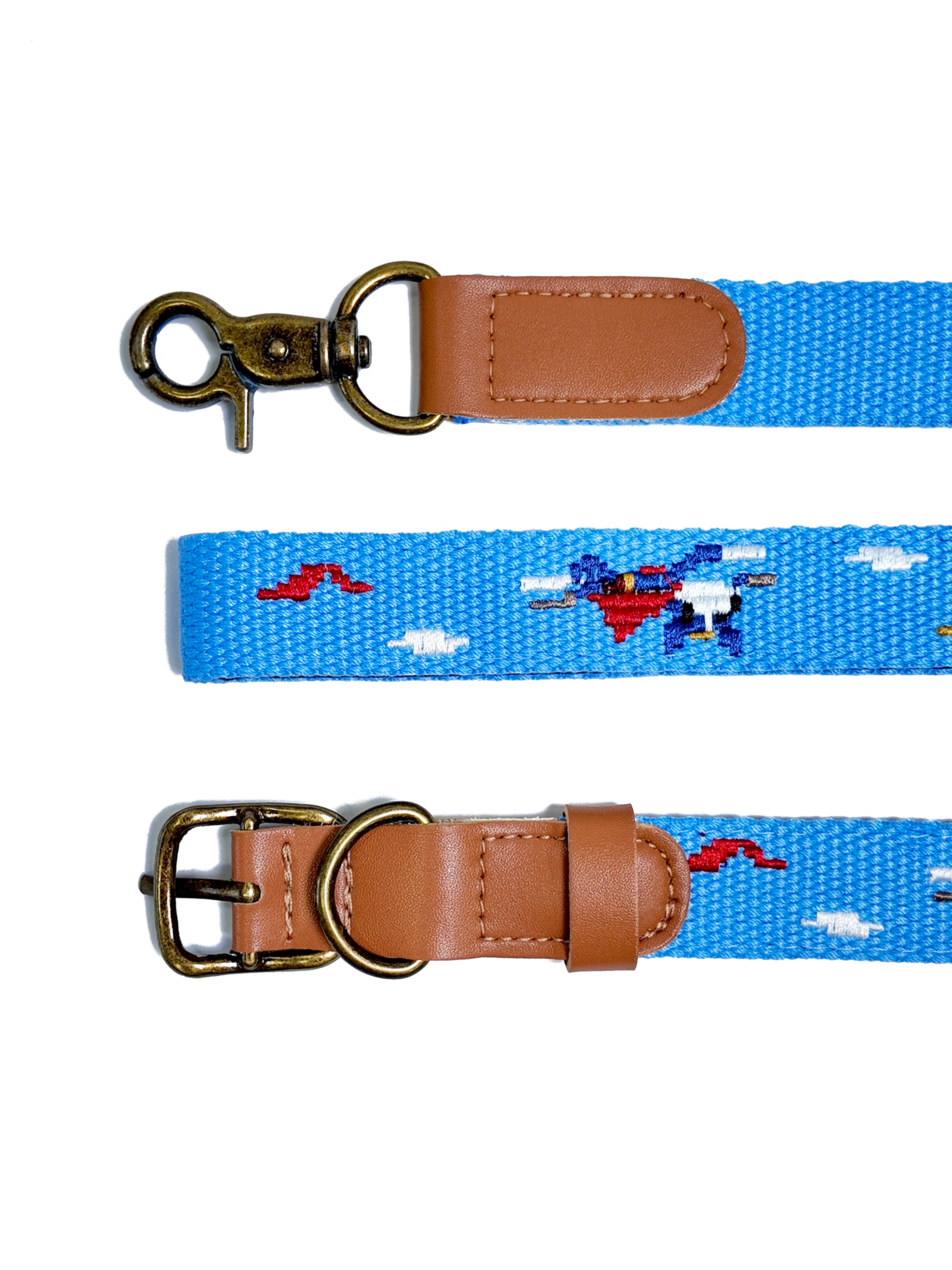 Embroidered Leather Dog Collar and Lead Set