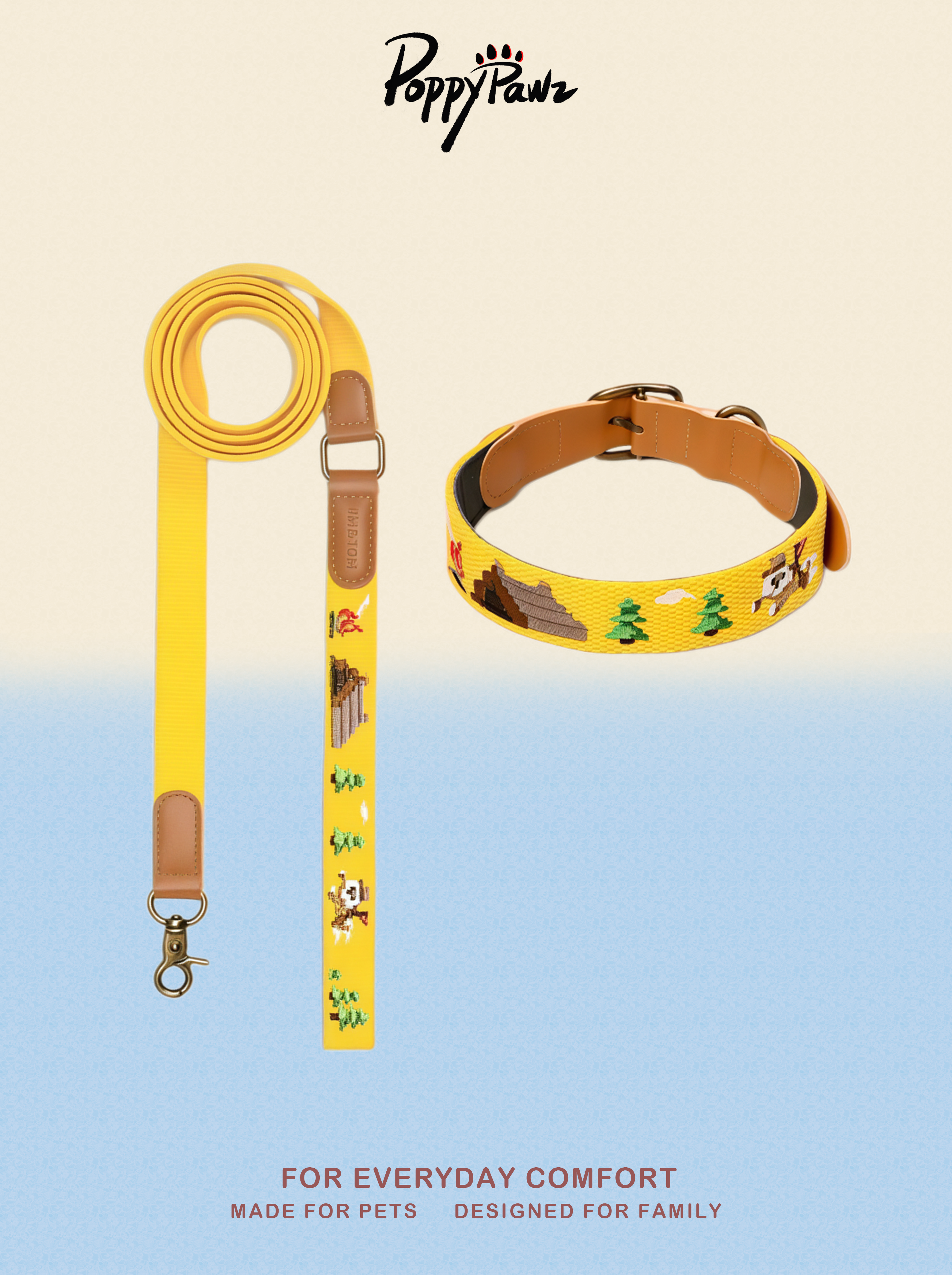 Embroidered Leather Dog Collar and Lead Set
