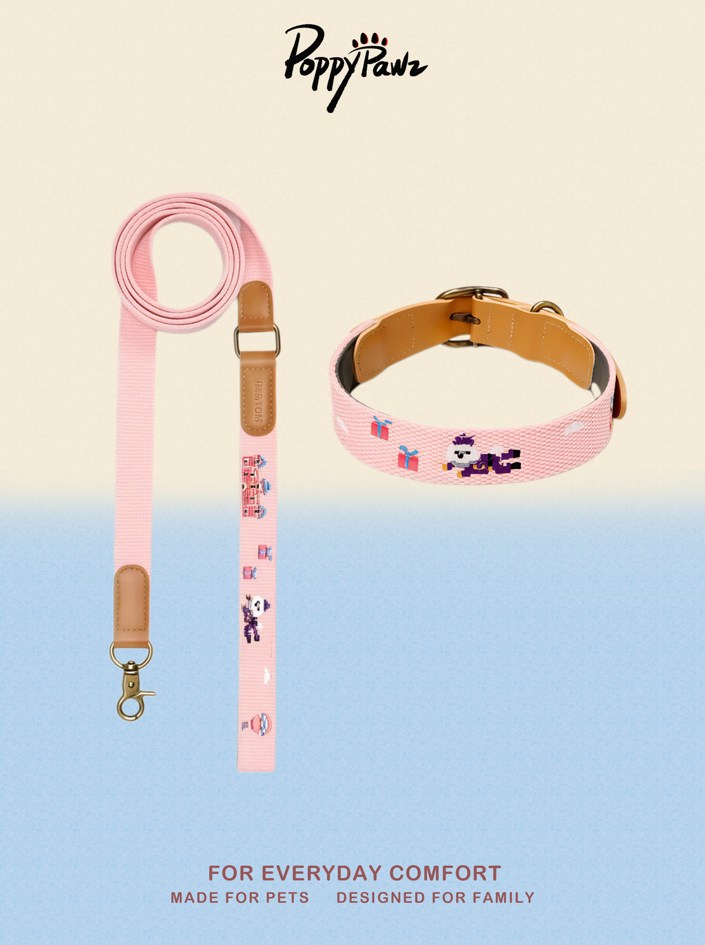 Embroidered Leather Dog Collar and Lead Set